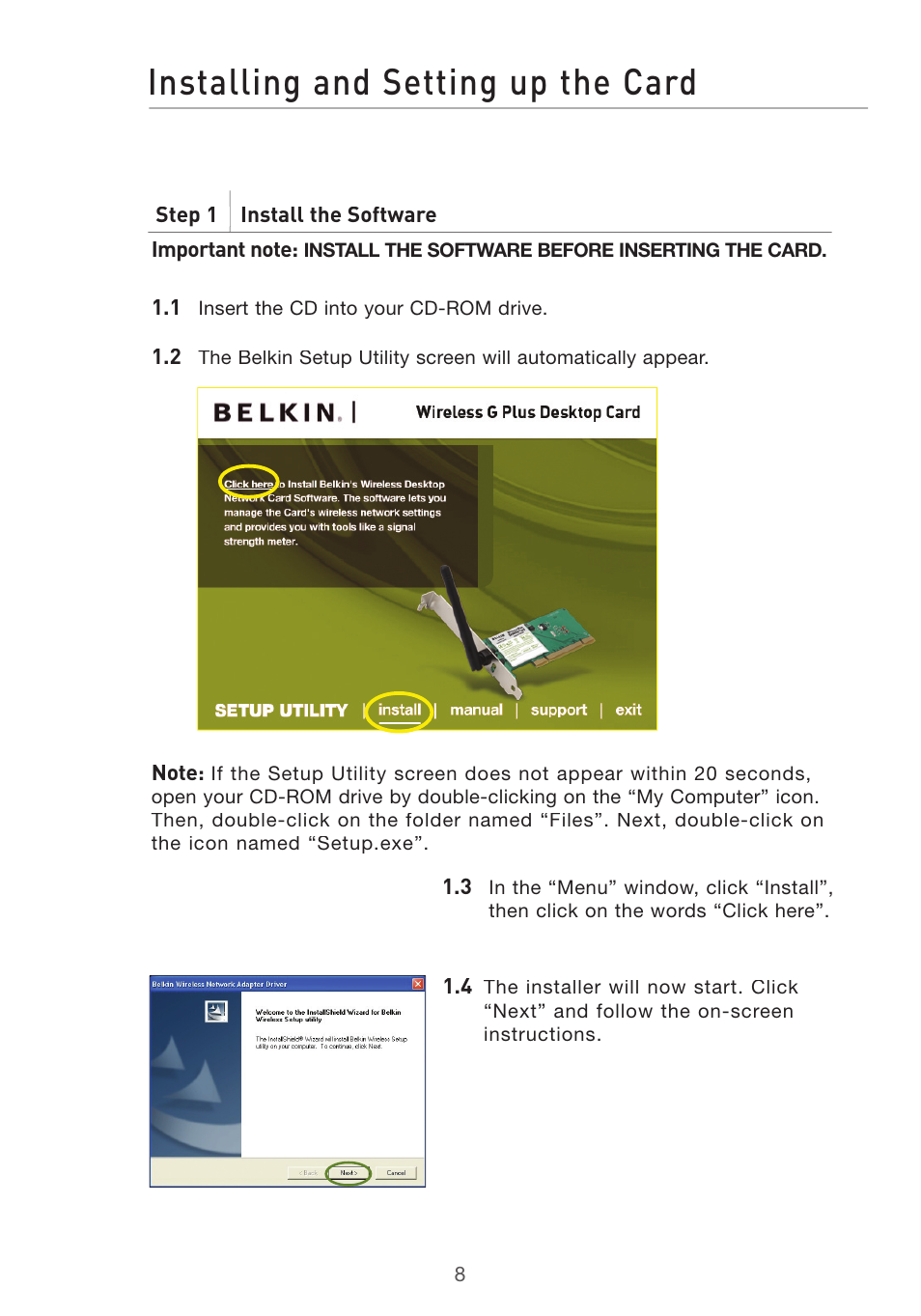 Installing and setting up the card | Belkin DESKTOP CARD F5D7001 User Manual | Page 10 / 50