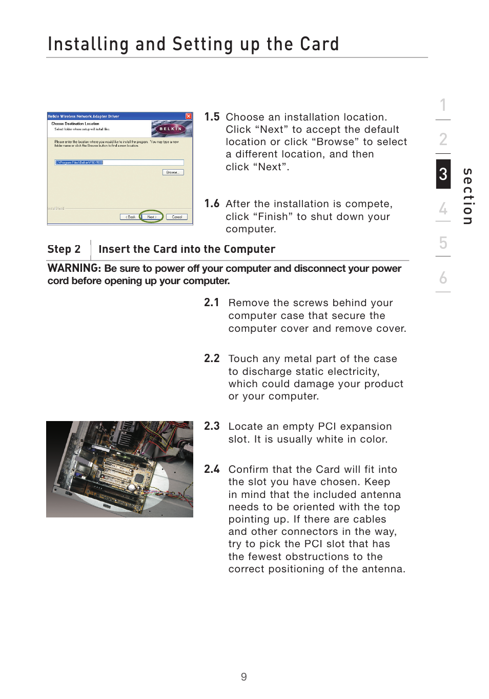 Installing and setting up the card, Se ct io n | Belkin DESKTOP CARD F5D7001 User Manual | Page 11 / 50