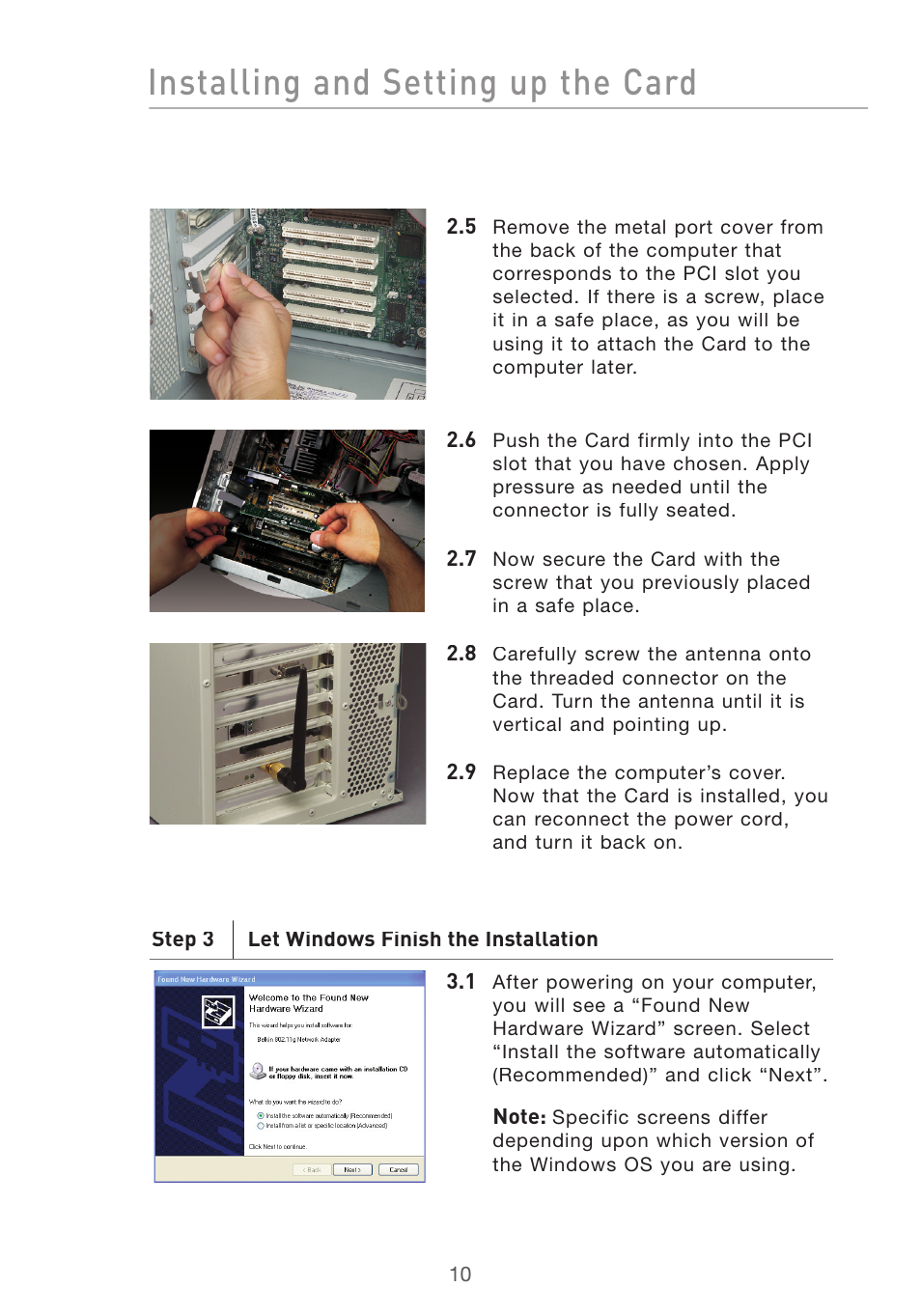 Installing and setting up the card | Belkin DESKTOP CARD F5D7001 User Manual | Page 12 / 50