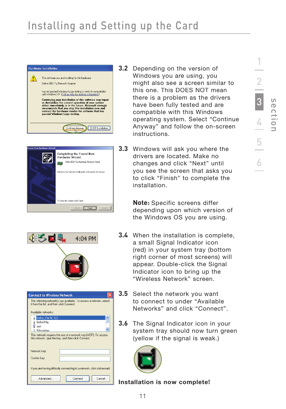 Installing and setting up the card, Se ct io n | Belkin DESKTOP CARD F5D7001 User Manual | Page 13 / 50