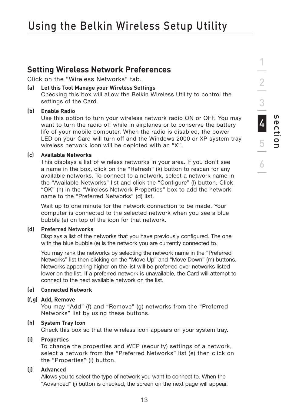 Using the belkin wireless setup utility, Se ct io n, Setting wireless network preferences | Belkin DESKTOP CARD F5D7001 User Manual | Page 15 / 50