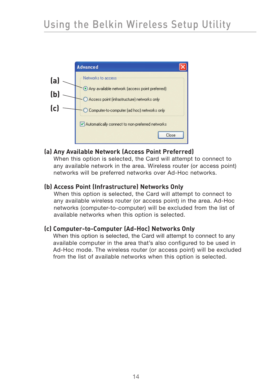 Using the belkin wireless setup utility | Belkin DESKTOP CARD F5D7001 User Manual | Page 16 / 50