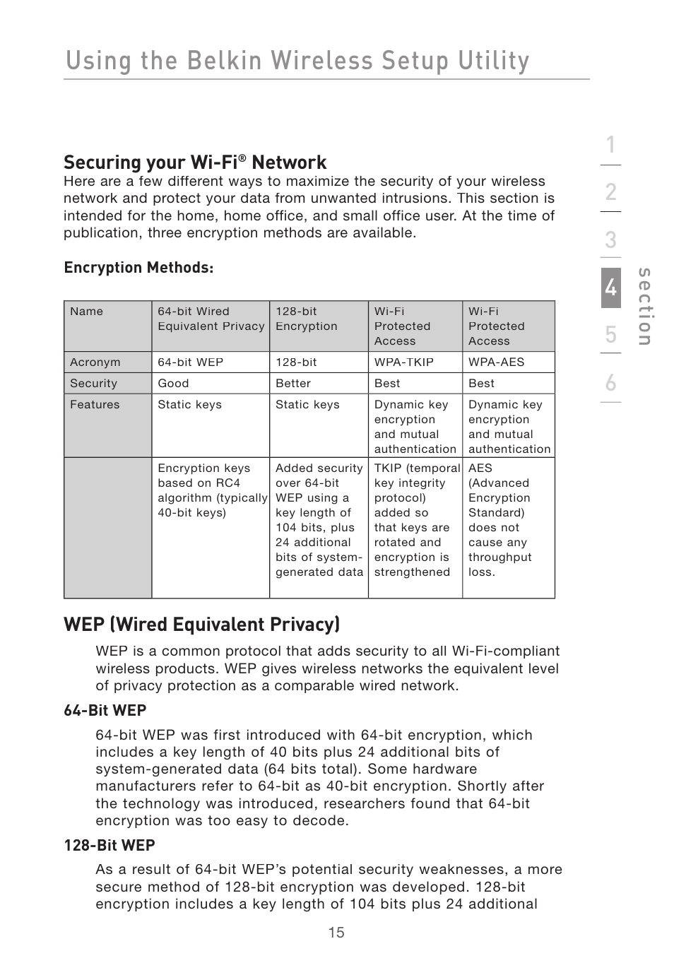 Using the belkin wireless setup utility, Se ct io n, Securing your wi-fi | Network, Wep (wired equivalent privacy) | Belkin DESKTOP CARD F5D7001 User Manual | Page 17 / 50