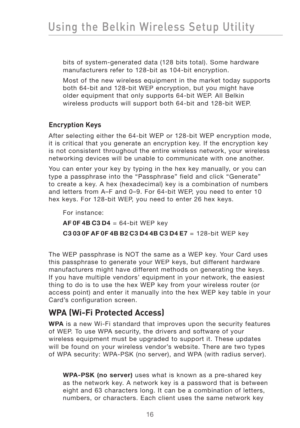 Using the belkin wireless setup utility, Wpa (wi-fi protected access) | Belkin DESKTOP CARD F5D7001 User Manual | Page 18 / 50