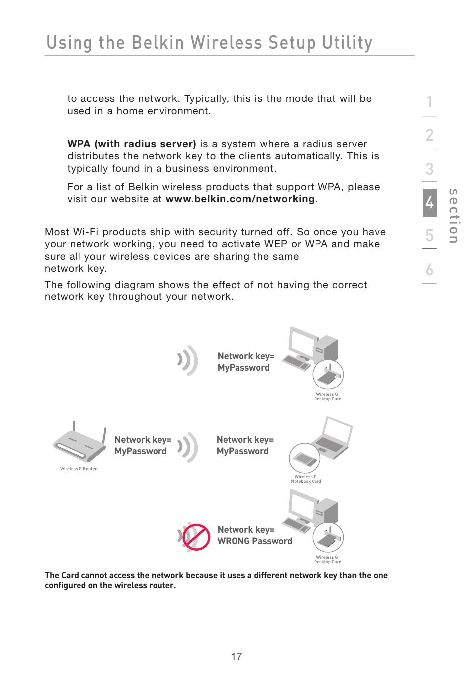 Using the belkin wireless setup utility, Se ct io n | Belkin DESKTOP CARD F5D7001 User Manual | Page 19 / 50