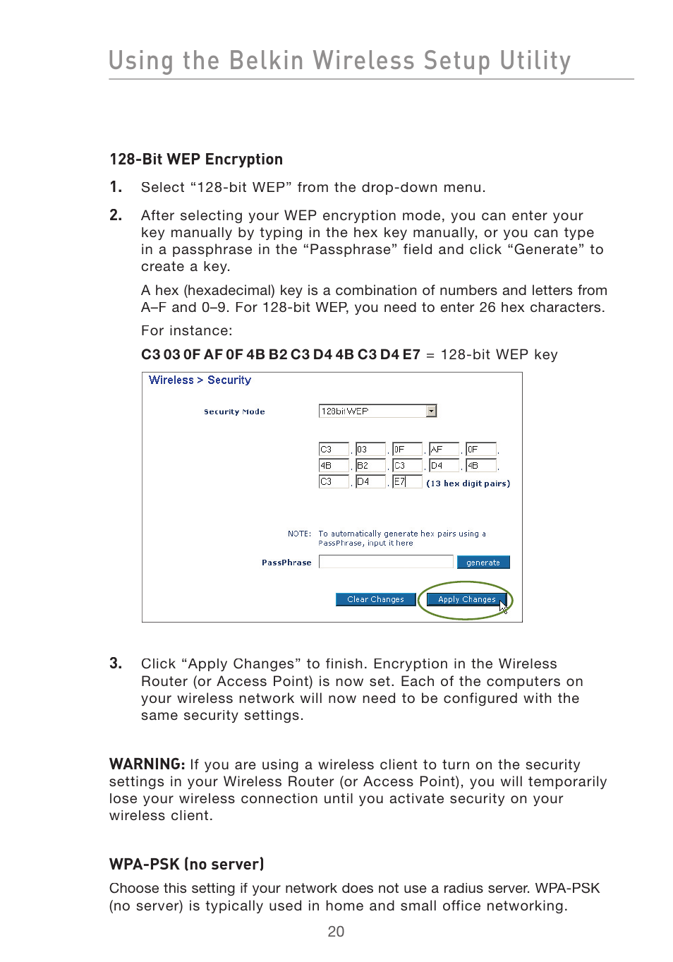 Using the belkin wireless setup utility | Belkin DESKTOP CARD F5D7001 User Manual | Page 22 / 50