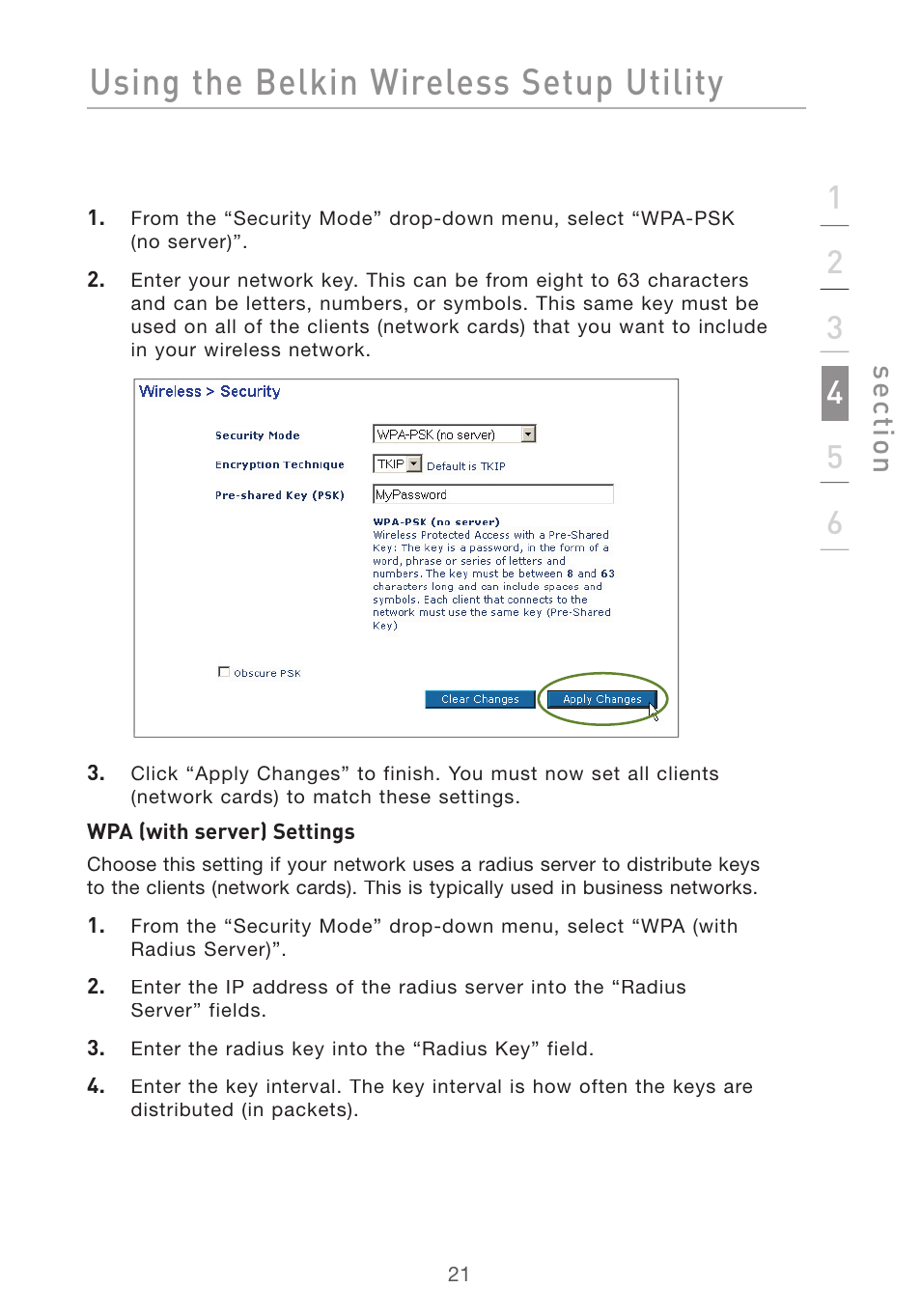 Using the belkin wireless setup utility, Se ct io n | Belkin DESKTOP CARD F5D7001 User Manual | Page 23 / 50