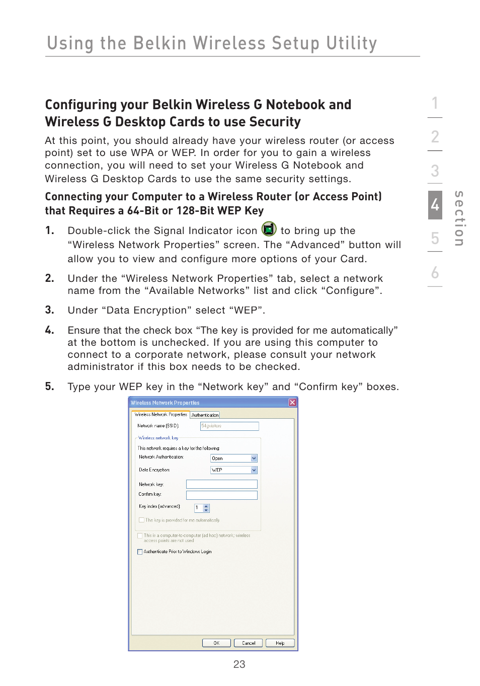 Using the belkin wireless setup utility, Se ct io n | Belkin DESKTOP CARD F5D7001 User Manual | Page 25 / 50