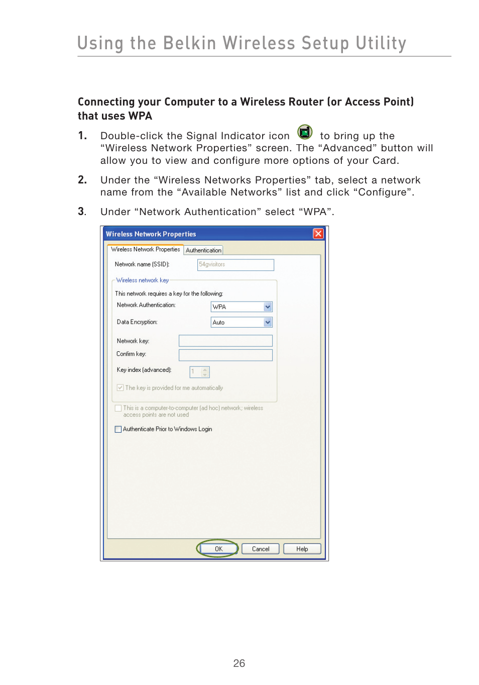 Using the belkin wireless setup utility | Belkin DESKTOP CARD F5D7001 User Manual | Page 28 / 50