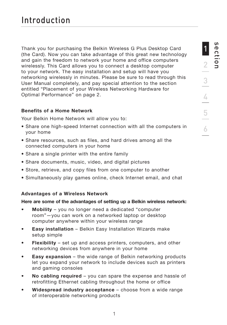 Introduction, Se ct io n | Belkin DESKTOP CARD F5D7001 User Manual | Page 3 / 50