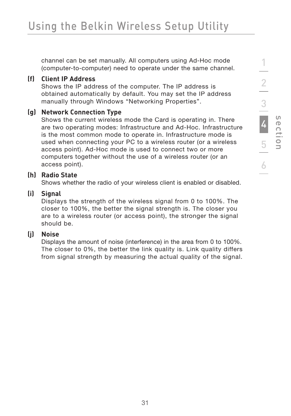 Using the belkin wireless setup utility, Se ct io n | Belkin DESKTOP CARD F5D7001 User Manual | Page 33 / 50