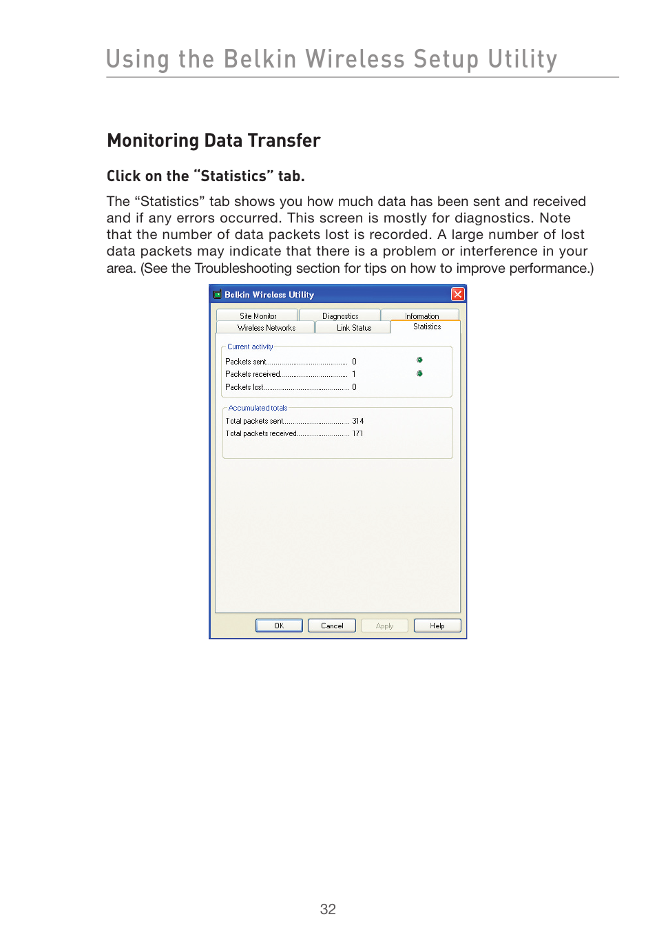 Using the belkin wireless setup utility | Belkin DESKTOP CARD F5D7001 User Manual | Page 34 / 50