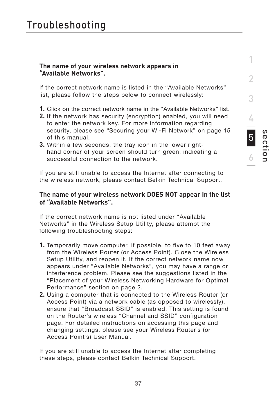 Troubleshooting, Se ct io n | Belkin DESKTOP CARD F5D7001 User Manual | Page 39 / 50