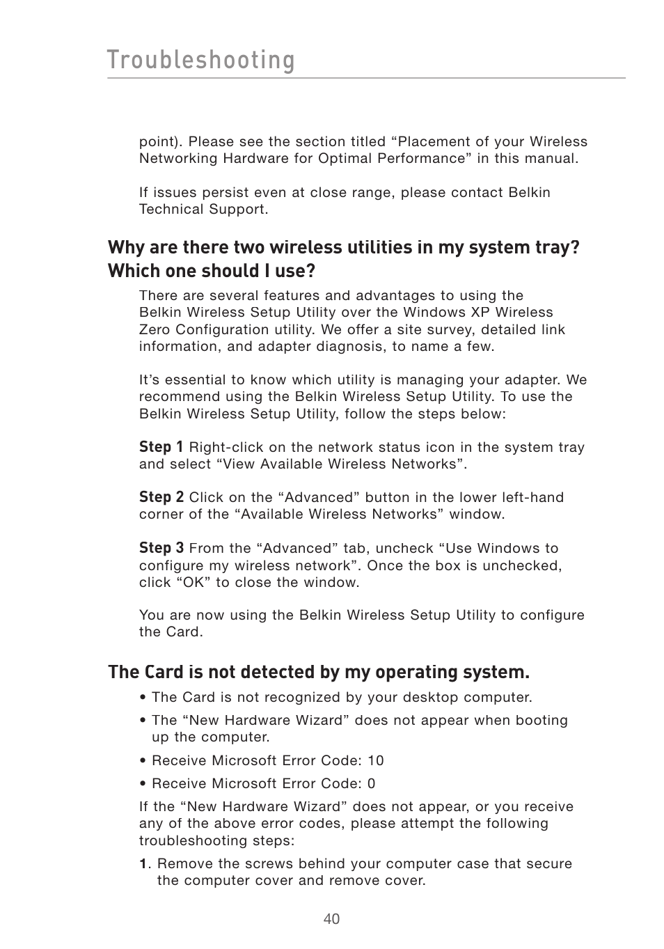 Troubleshooting, The card is not detected by my operating system | Belkin DESKTOP CARD F5D7001 User Manual | Page 42 / 50