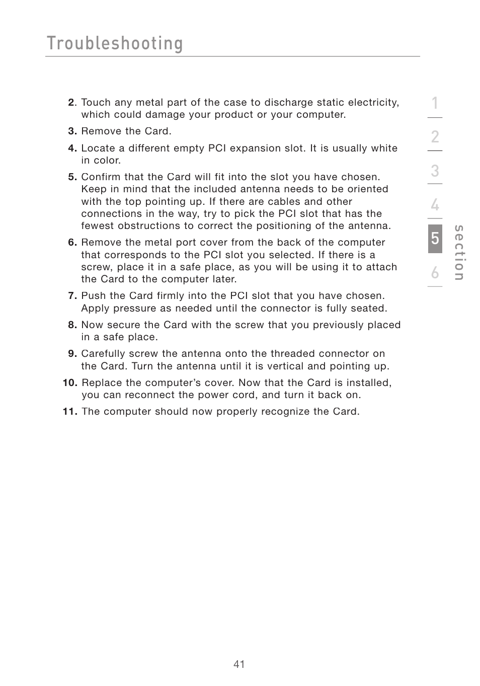 Troubleshooting, Se ct io n | Belkin DESKTOP CARD F5D7001 User Manual | Page 43 / 50