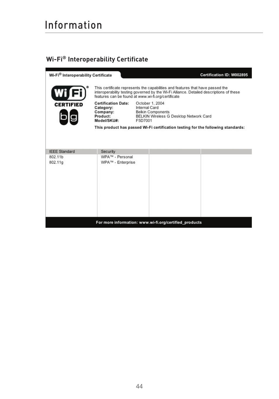 Information | Belkin DESKTOP CARD F5D7001 User Manual | Page 46 / 50