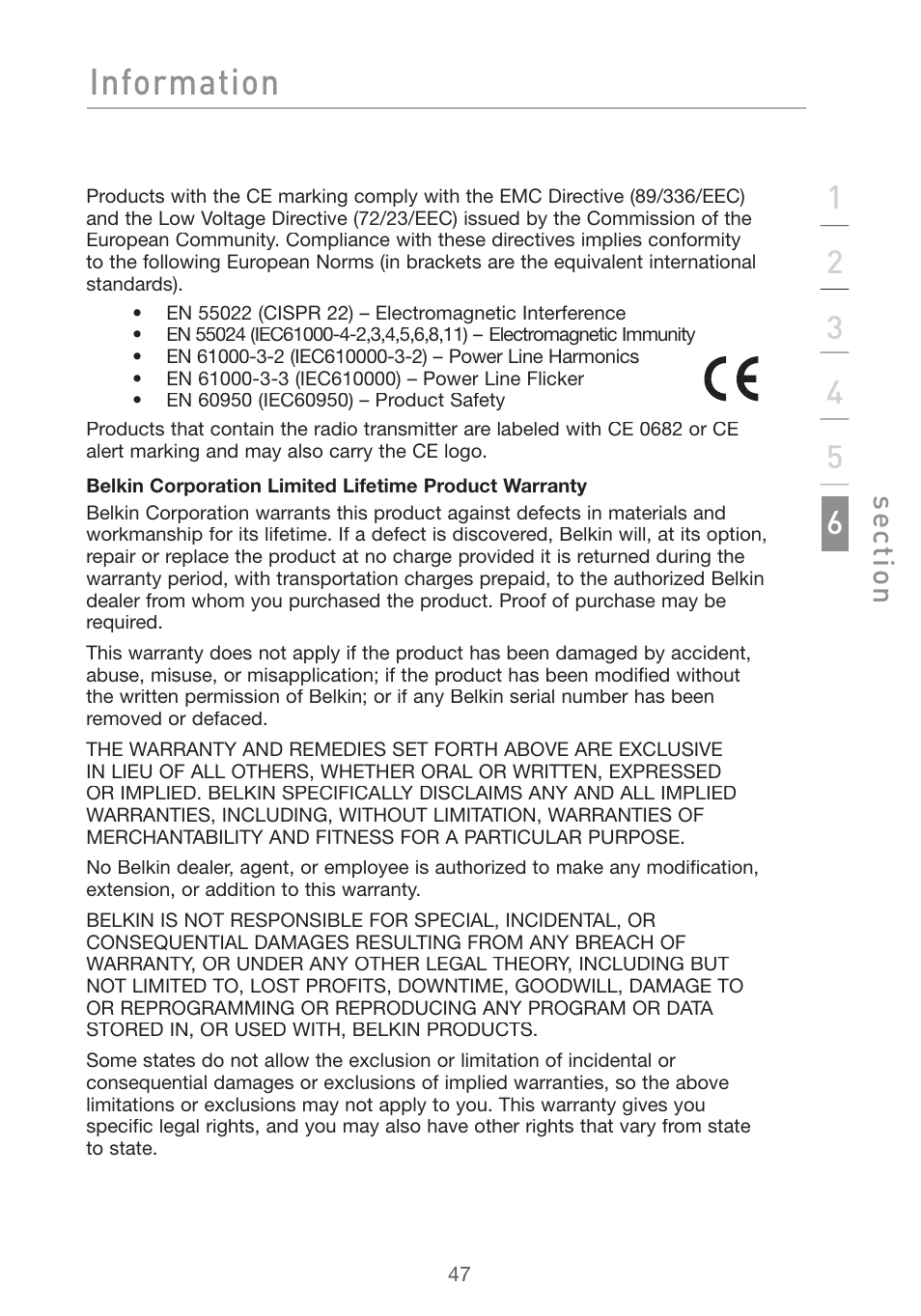 Information, Se ct io n | Belkin DESKTOP CARD F5D7001 User Manual | Page 49 / 50