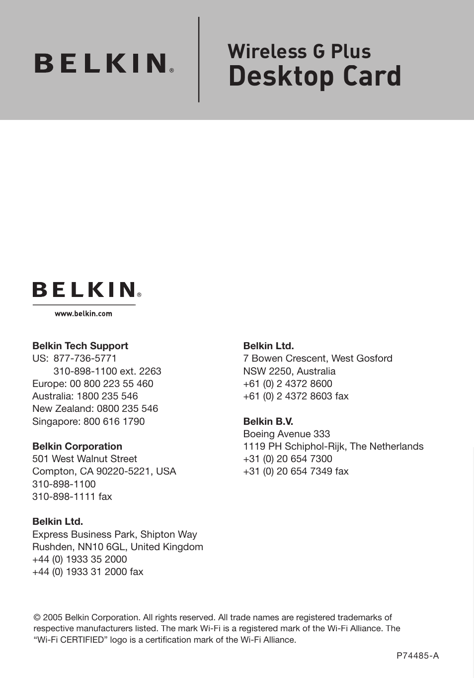 Desktop card, Wireless g plus | Belkin DESKTOP CARD F5D7001 User Manual | Page 50 / 50