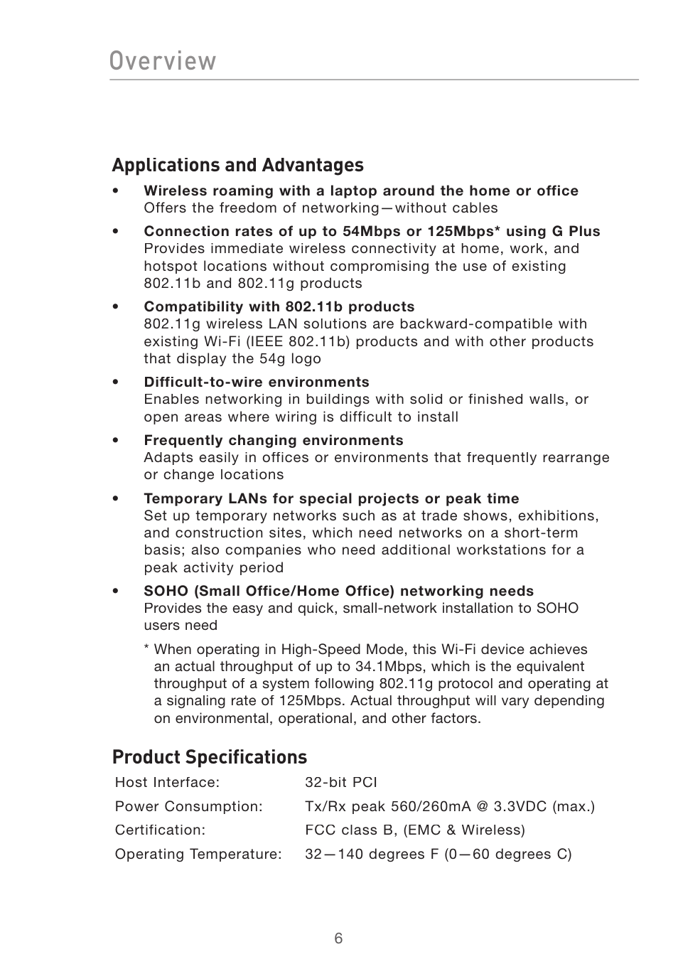 Overview, Applications and advantages, Product specifications | Belkin DESKTOP CARD F5D7001 User Manual | Page 8 / 50