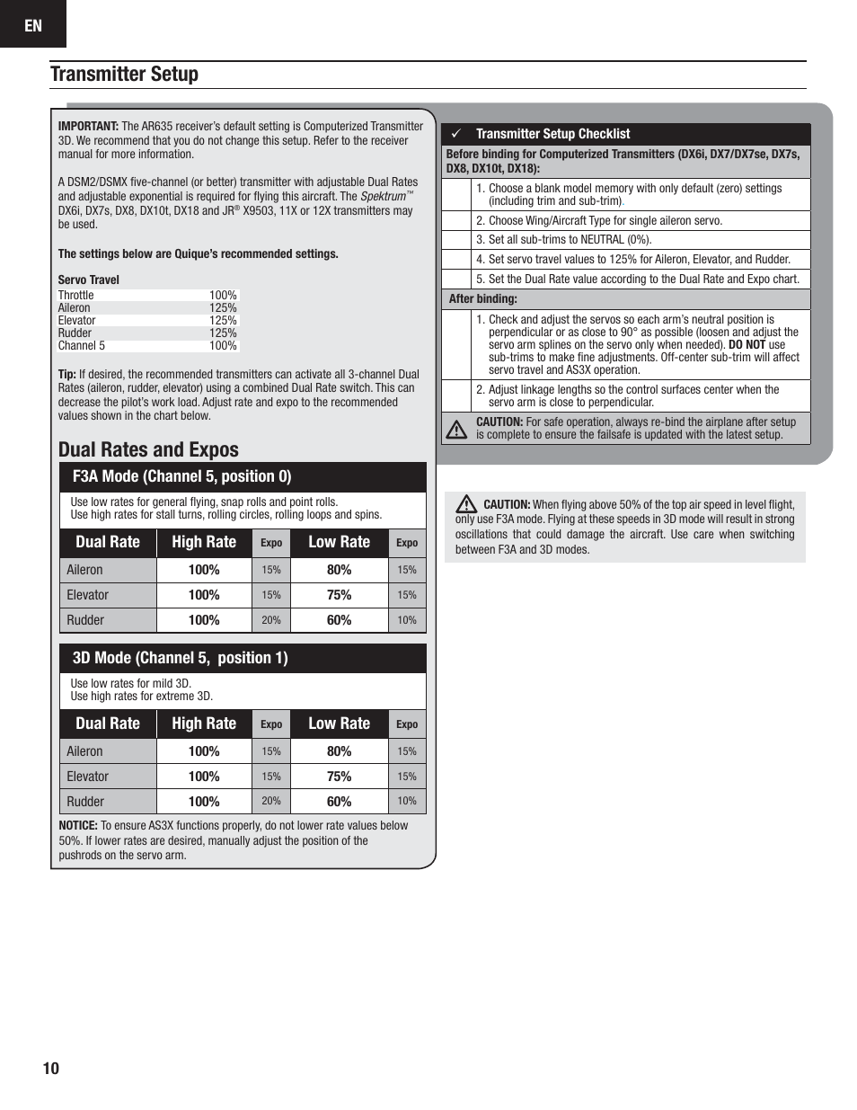 Transmitter setup, Dual rates and expos, Dual rate high rate | Low rate, F3a mode (channel 5, position 0), 3d mode (channel 5, position 1) | E-flite Carbon-Z Splendor BNF Basic User Manual | Page 10 / 22