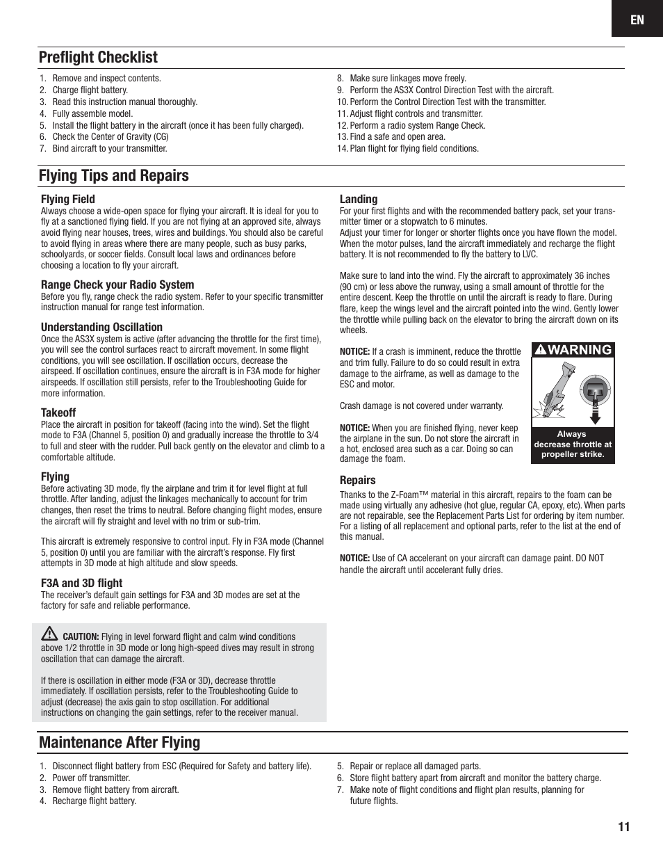 Flying tips and repairs, Preflight checklist maintenance after flying | E-flite Carbon-Z Splendor BNF Basic User Manual | Page 11 / 22