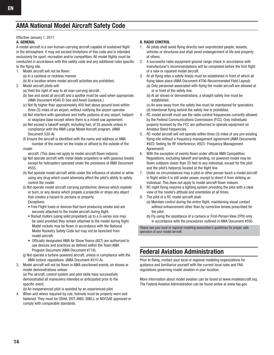 Ama national model aircraft safety code, Federal aviation administration | E-flite Carbon-Z Splendor BNF Basic User Manual | Page 14 / 22