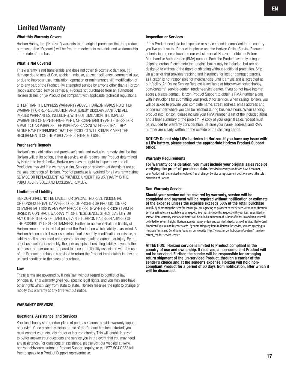 Limited warranty | E-flite Carbon-Z Splendor BNF Basic User Manual | Page 17 / 22