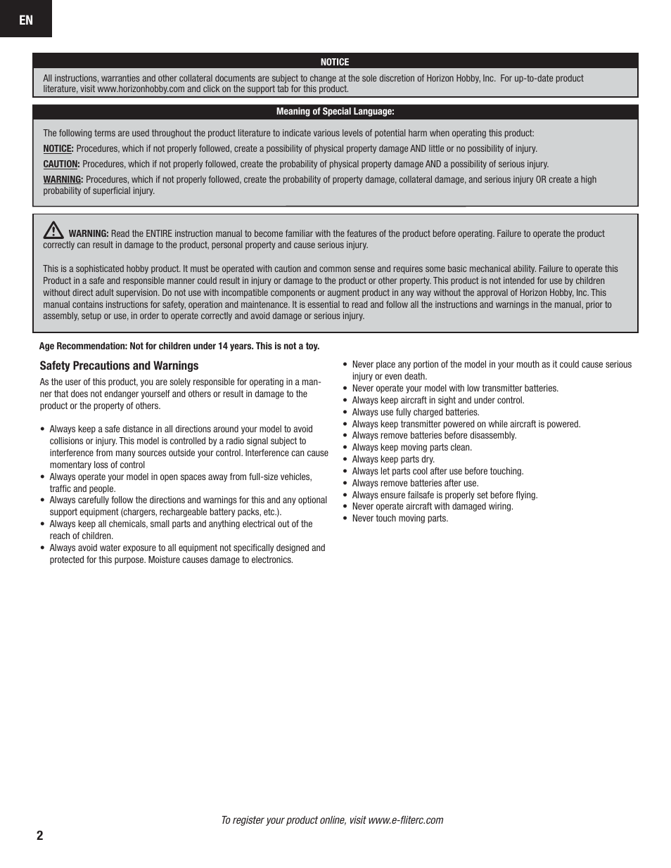 E-flite Carbon-Z Splendor BNF Basic User Manual | Page 2 / 22