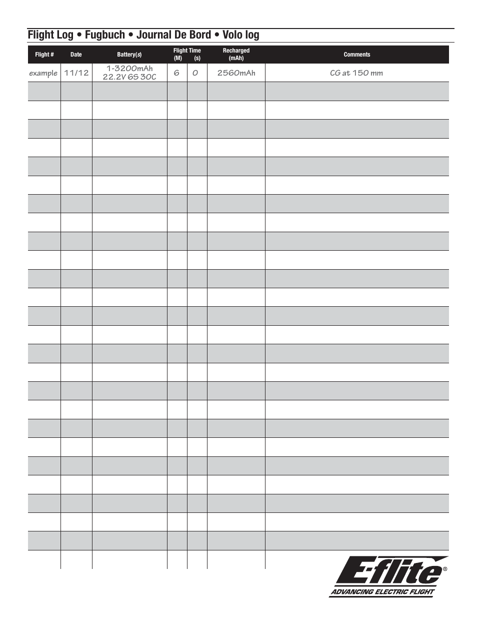 Flight log • fugbuch • journal de bord • volo log | E-flite Carbon-Z Splendor BNF Basic User Manual | Page 21 / 22