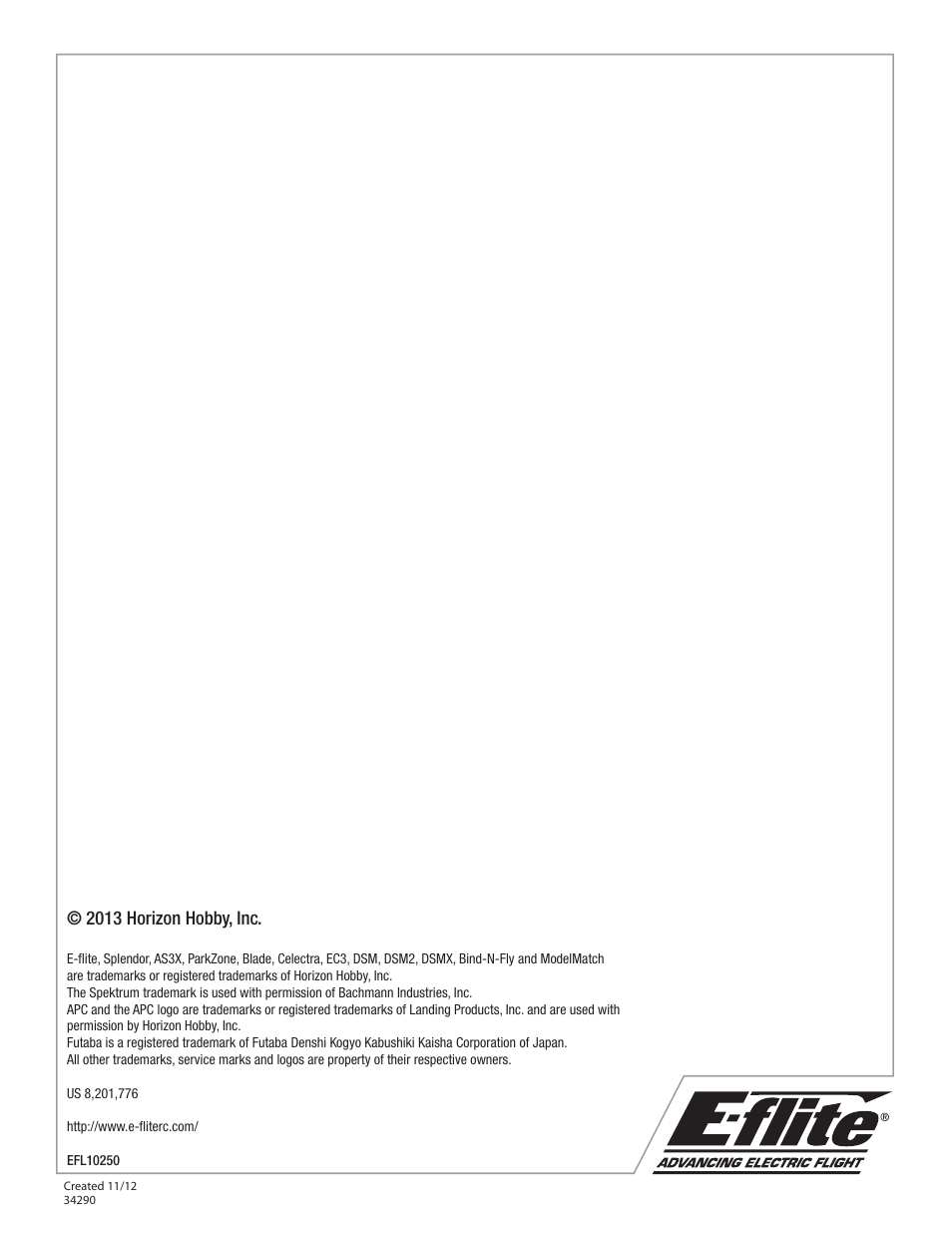 2013 horizon hobby, inc | E-flite Carbon-Z Splendor BNF Basic User Manual | Page 22 / 22