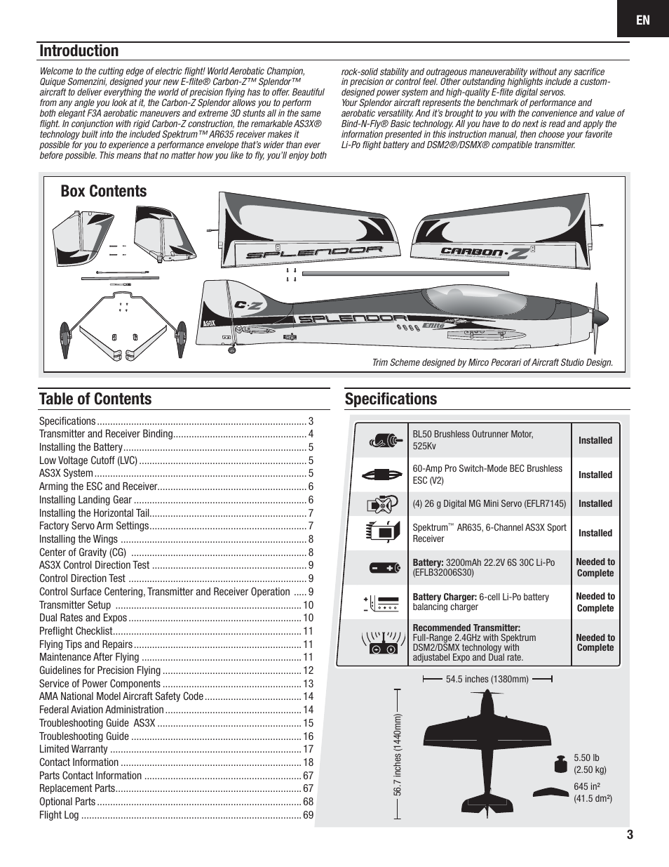 Table of contents introduction specifications, Box contents | E-flite Carbon-Z Splendor BNF Basic User Manual | Page 3 / 22