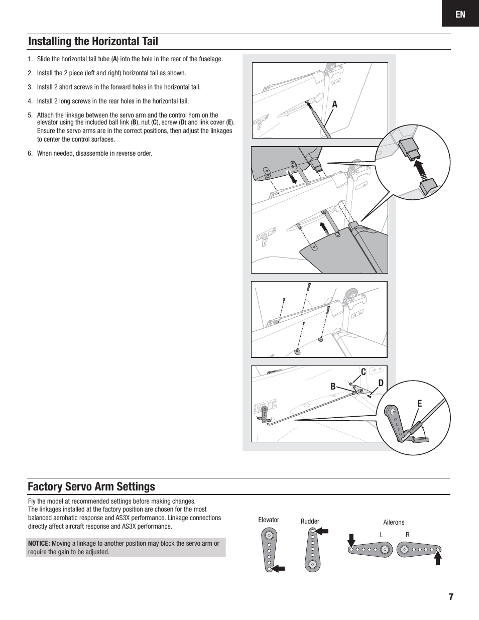 Installing the horizontal tail, Factory servo arm settings | E-flite Carbon-Z Splendor BNF Basic User Manual | Page 7 / 22