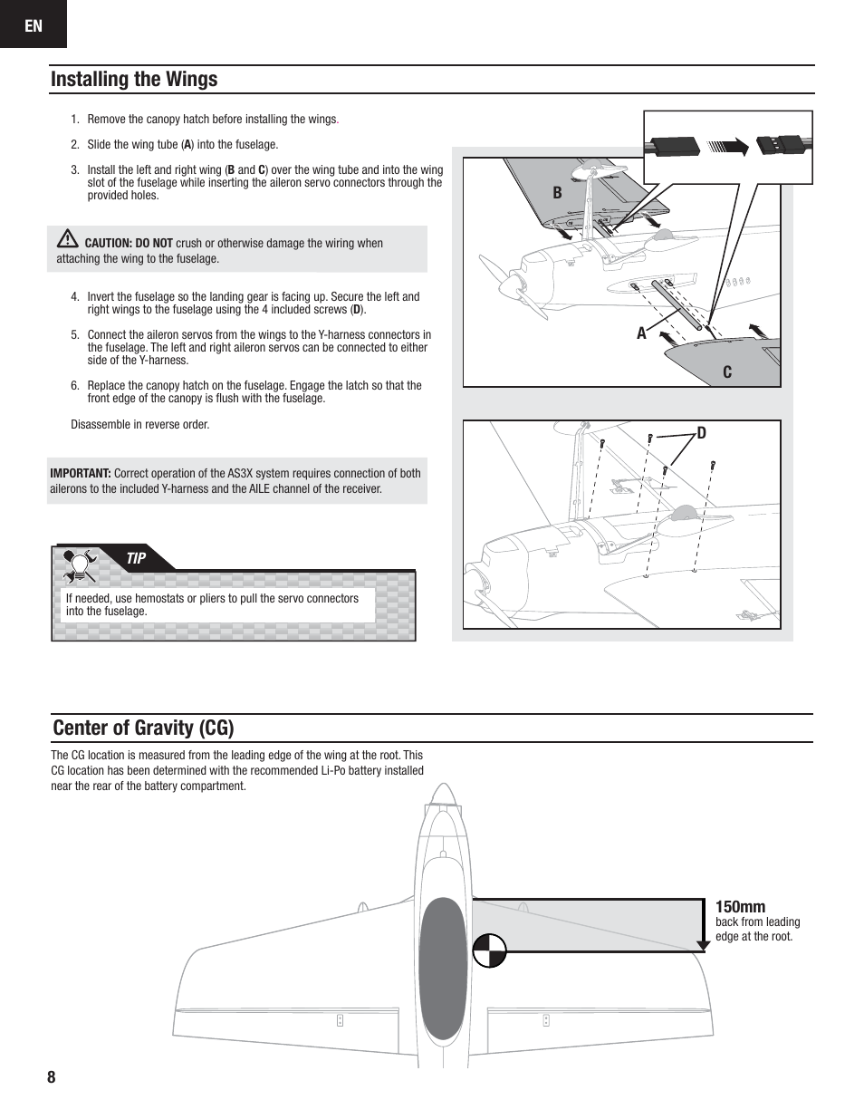 Installing the wings, Center of gravity (cg) | E-flite Carbon-Z Splendor BNF Basic User Manual | Page 8 / 22