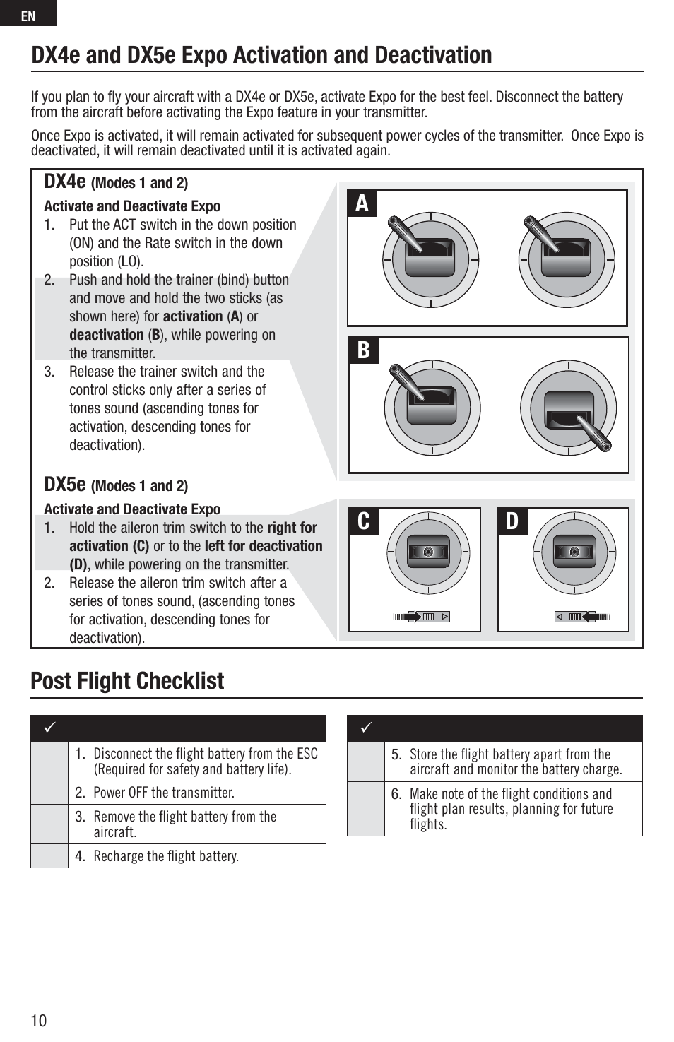 Dx4e and dx5e expo activation and deactivation, Ab c d post flight checklist, Dx4e | Dx5e | E-flite UMX Yak 54 180 BNF User Manual | Page 10 / 19