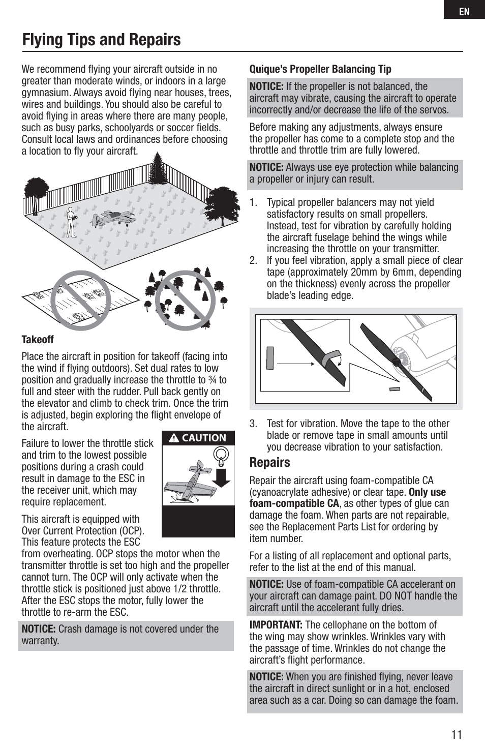 Flying tips and repairs, Repairs | E-flite UMX Yak 54 180 BNF User Manual | Page 11 / 19