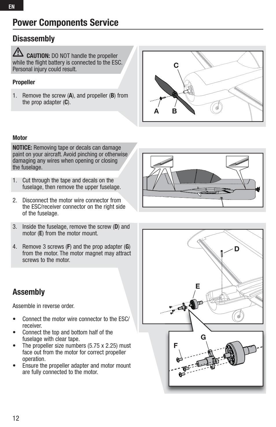 Power components service, Disassembly, Assembly | E-flite UMX Yak 54 180 BNF User Manual | Page 12 / 19