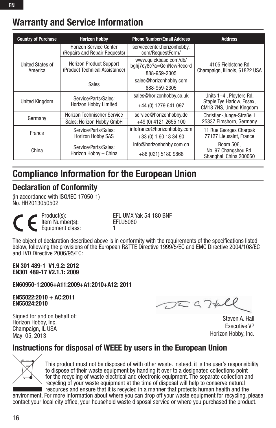 Compliance information for the european union, Warranty and service information, Declaration of conformity | E-flite UMX Yak 54 180 BNF User Manual | Page 16 / 19