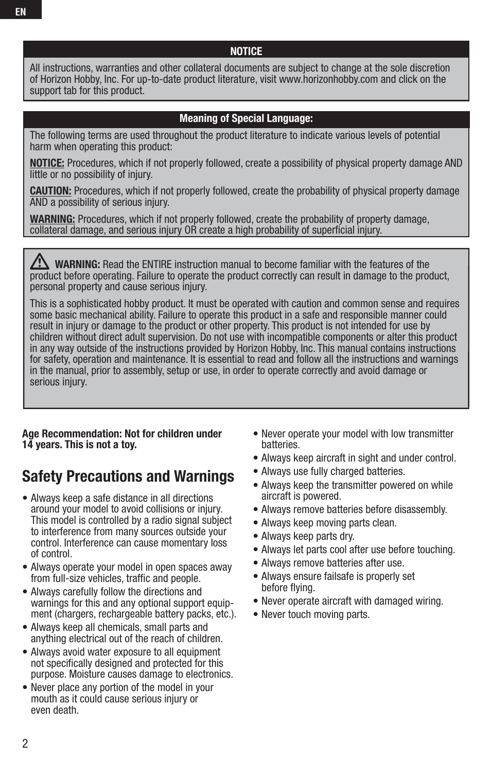 Safety precautions and warnings | E-flite UMX Yak 54 180 BNF User Manual | Page 2 / 19