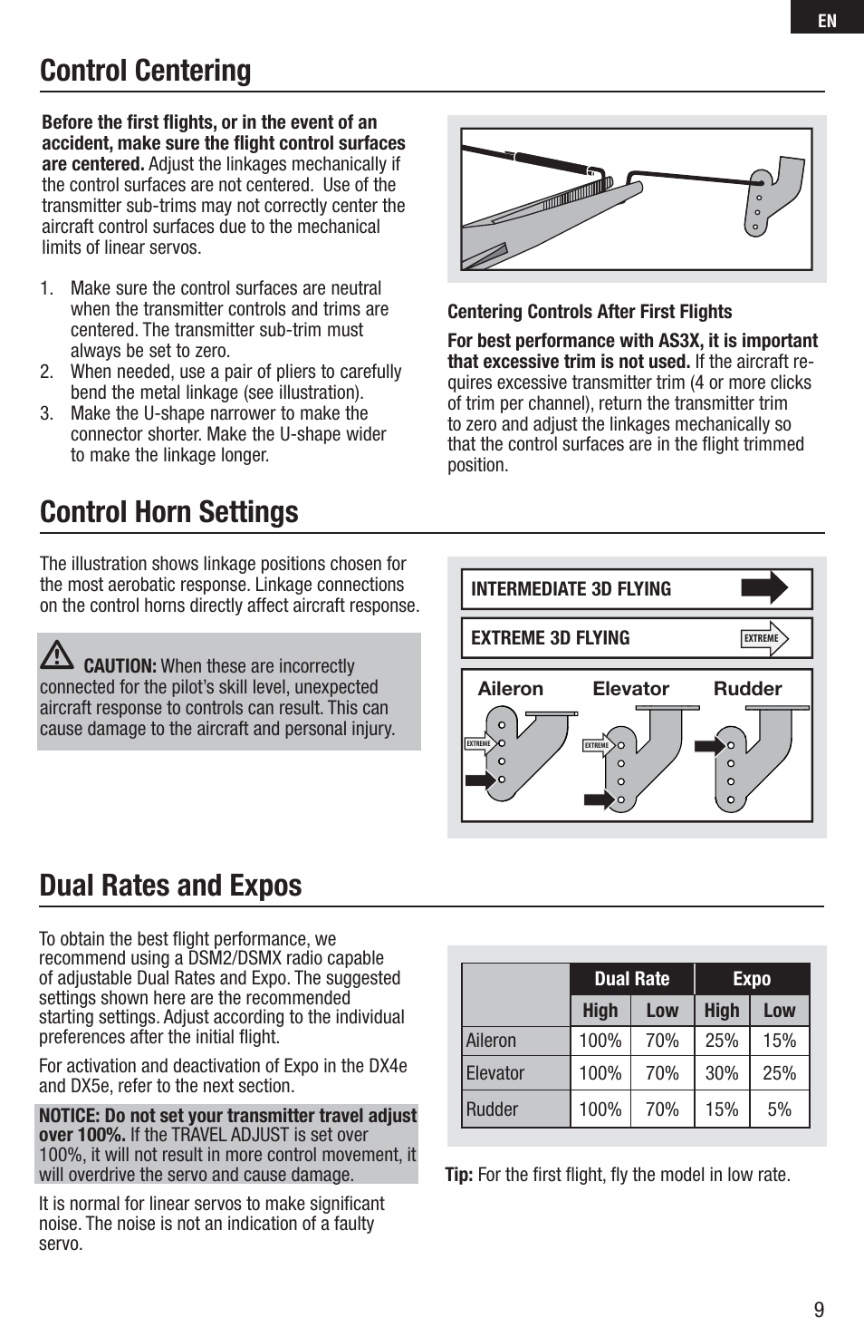 Control centering control horn settings, Dual rates and expos | E-flite UMX Yak 54 180 BNF User Manual | Page 9 / 19