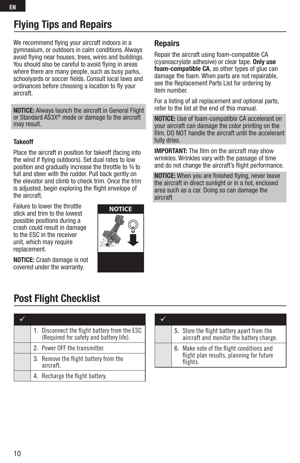 Flying tips and repairs, Post flight checklist, Repairs | E-flite UMX AS3Xtra BNF Basic User Manual | Page 10 / 18