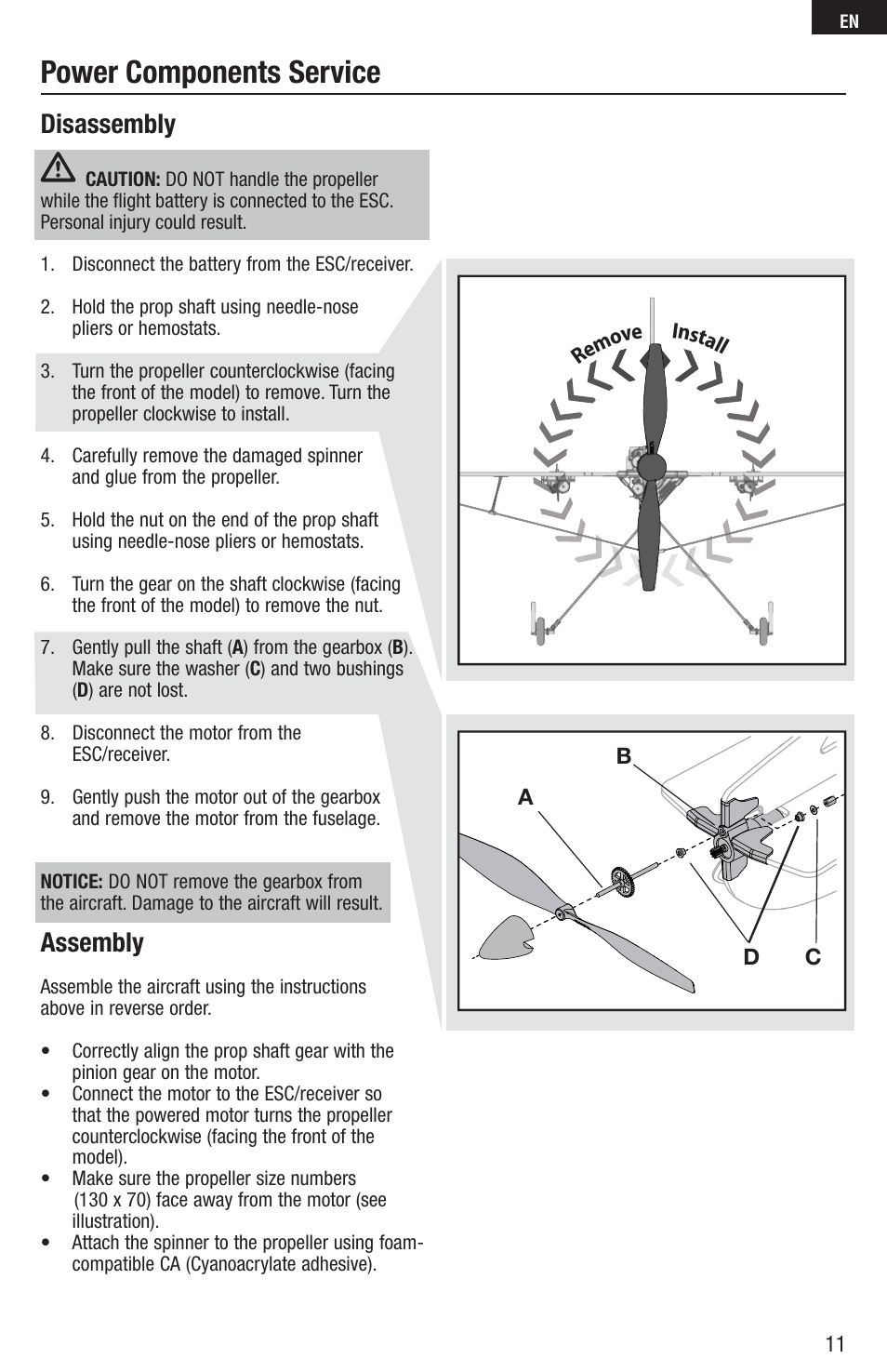 Power components service, Disassembly, Assembly | E-flite UMX AS3Xtra BNF Basic User Manual | Page 11 / 18