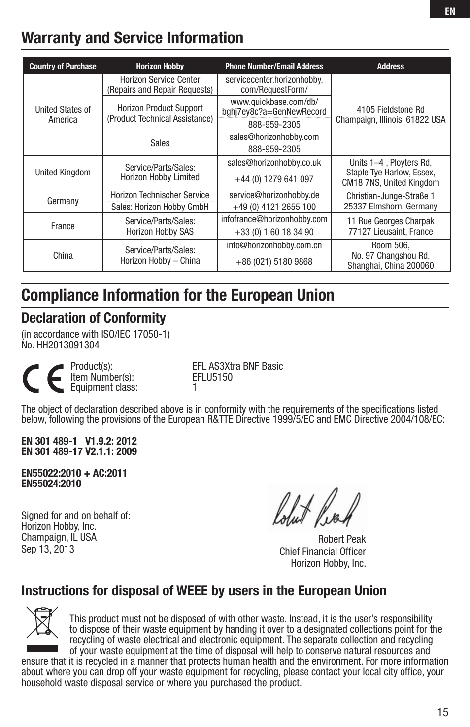 Compliance information for the european union, Warranty and service information, Declaration of conformity | E-flite UMX AS3Xtra BNF Basic User Manual | Page 15 / 18