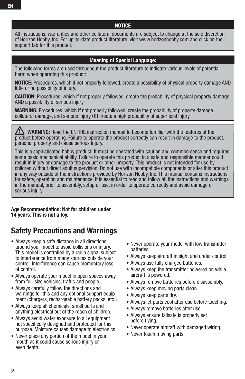 Safety precautions and warnings | E-flite UMX AS3Xtra BNF Basic User Manual | Page 2 / 18