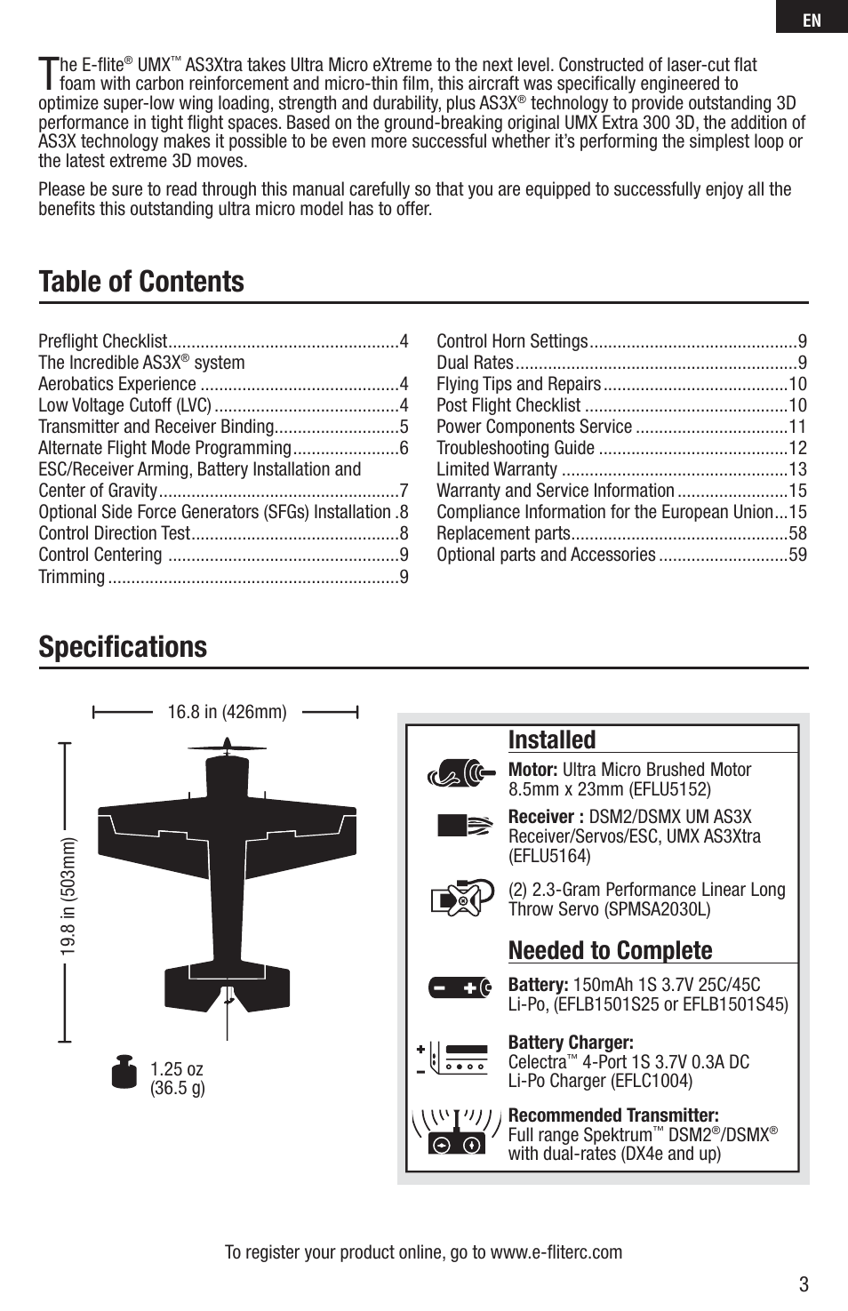 Table of contents speciﬁ cations, Installed, Needed to complete | E-flite UMX AS3Xtra BNF Basic User Manual | Page 3 / 18