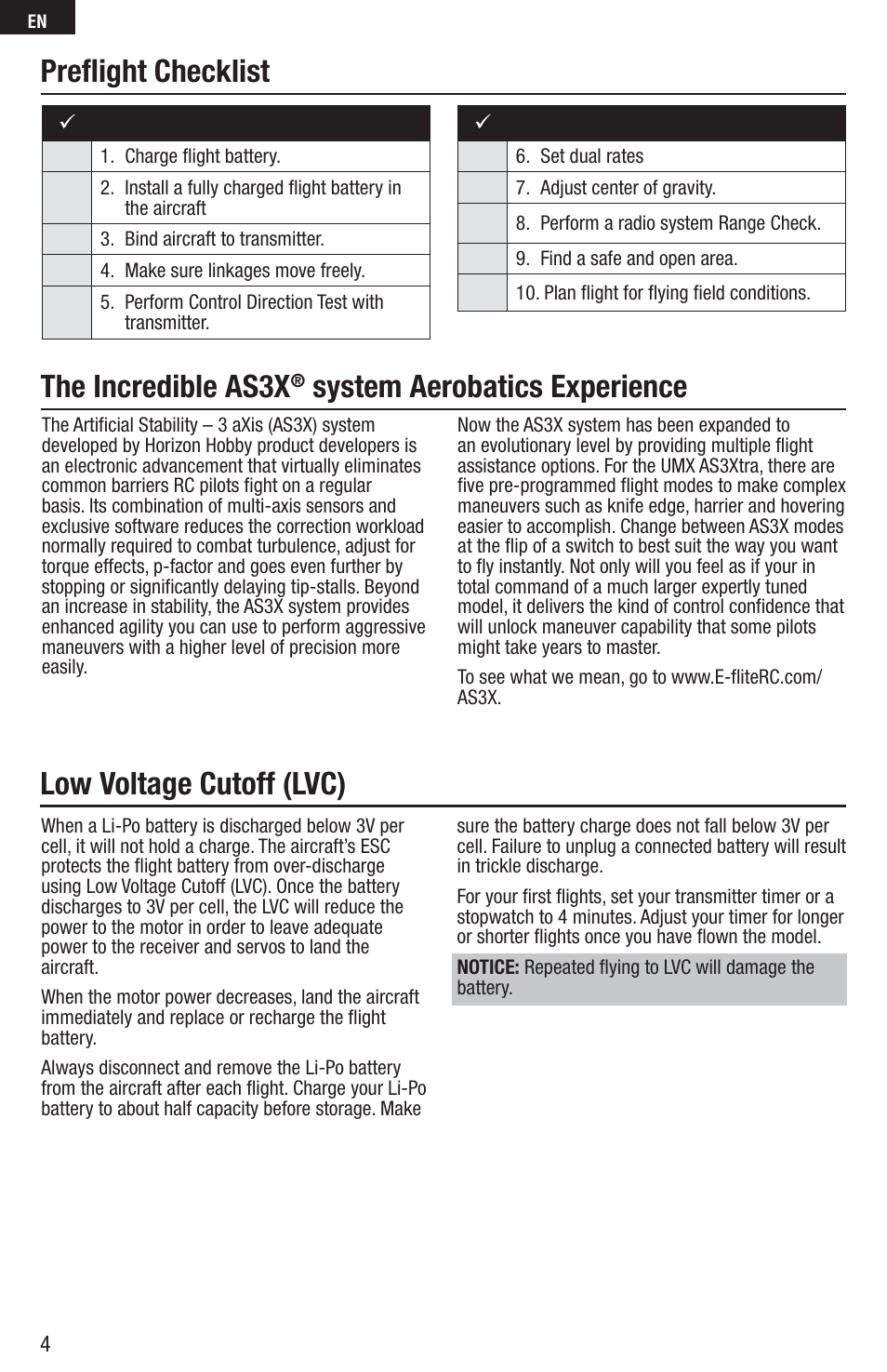 Preﬂ ight checklist the incredible as3x, System aerobatics experience, Low voltage cutoff (lvc) | E-flite UMX AS3Xtra BNF Basic User Manual | Page 4 / 18