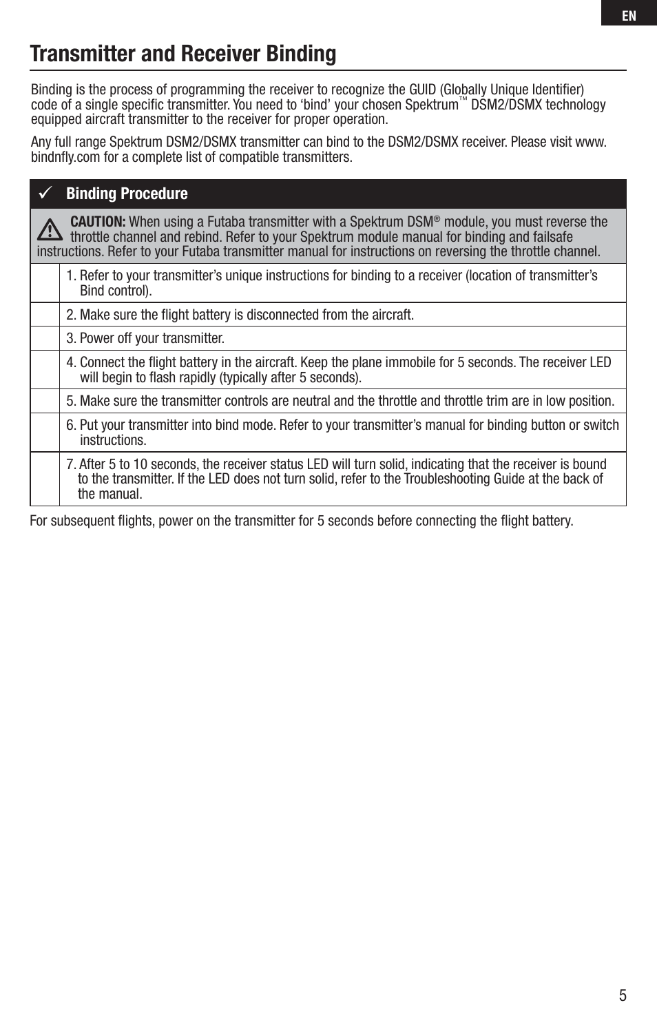 Transmitter and receiver binding | E-flite UMX AS3Xtra BNF Basic User Manual | Page 5 / 18