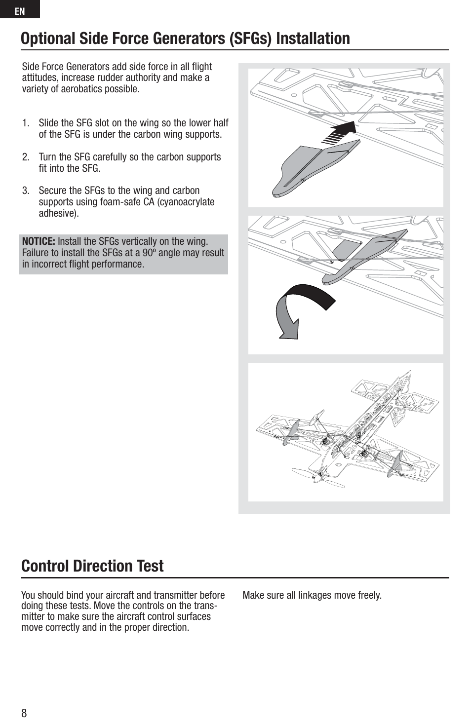 Control direction test, Optional side force generators (sfgs) installation | E-flite UMX AS3Xtra BNF Basic User Manual | Page 8 / 18