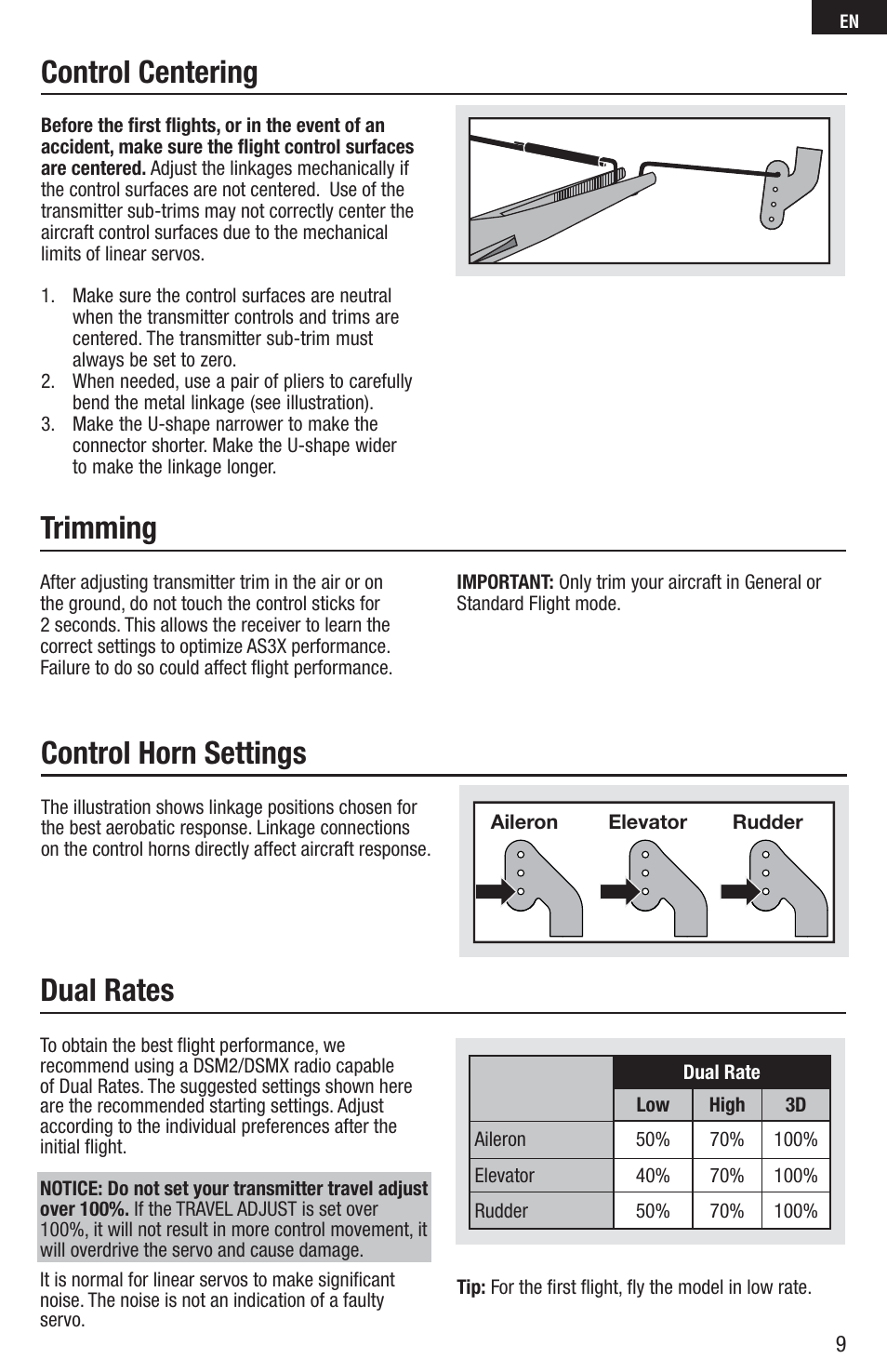 Control centering control horn settings, Dual rates, Trimming | E-flite UMX AS3Xtra BNF Basic User Manual | Page 9 / 18