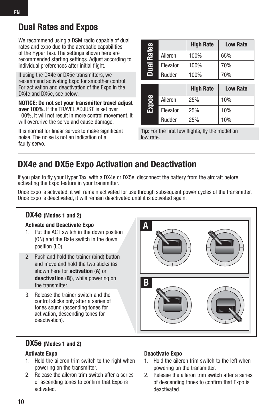 Dual rates and expos, Dx4e and dx5e expo activation and deactivation, Dual rates | Expos, Dx4e, Dx5e | E-flite UMX Hyper Taxi BNF User Manual | Page 10 / 21