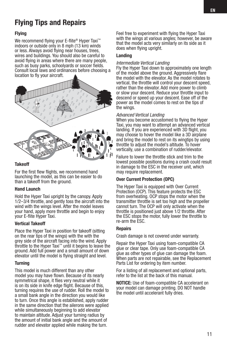 Flying tips and repairs | E-flite UMX Hyper Taxi BNF User Manual | Page 11 / 21